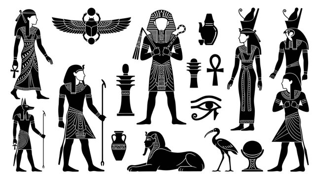 Egyptian Hieroglyphs and Gods: Black  White Vector Icons and Symbols