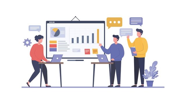 Business Team Analyzing Data Dashboard Flat 2D Animation Illustration