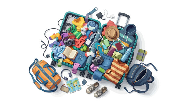 Overpacked suitcases with travel accessories and clothing scattered around