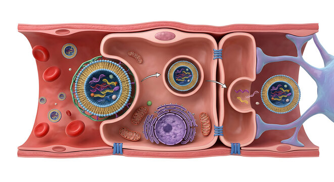 3D Render of miRNA-Loaded Exosome Crossing the Blood-Brain Barrier via Transcytosis