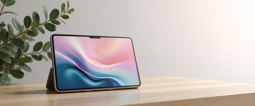 Tablet placed on wooden table against soft pastel background  