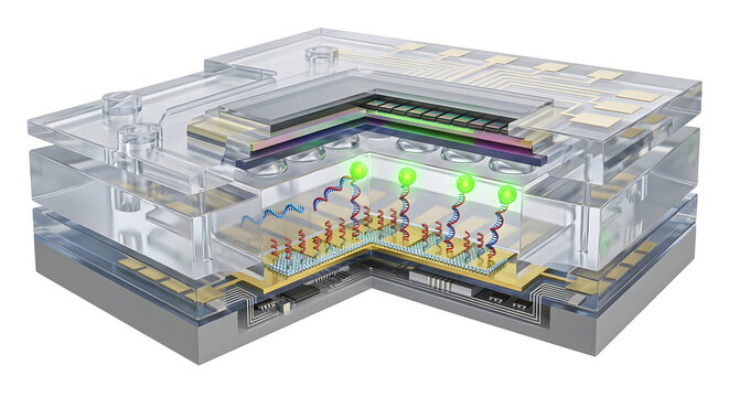 3D Cross-Section of a DNA Hybridization Nanosensor Microchip with Fluorescent Reporters