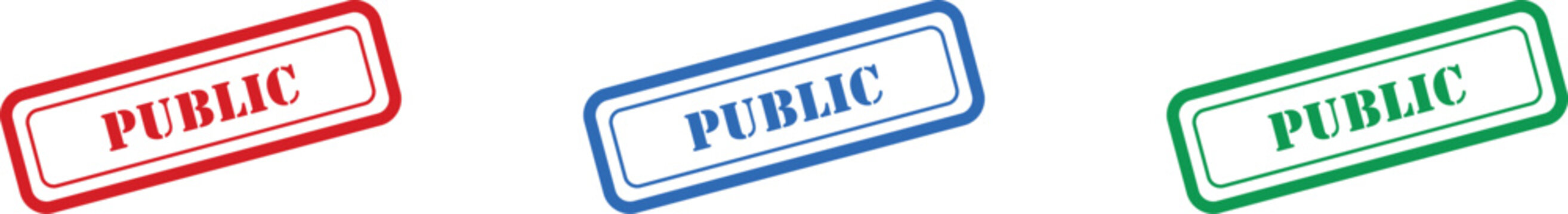 Three distinct colorful rubber stamps featuring the word PUBLIC for general information access