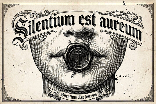 Silentium Est Aureum gothic phrase, Vintage illustration of a key and lips with Latin phrase  