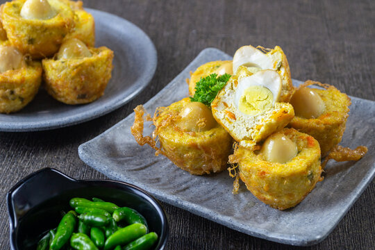 Tahu Fantasi or tahu sarang burung, indonesia savory snack made from tofu with quail eggs