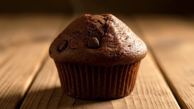 Chocolate muffin with chip on wood. Close-up of baked dessert