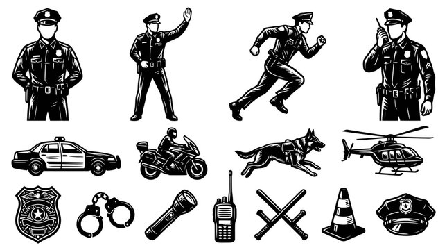 Police Officer Icons: Law Enforcement Collection - Black and White Vector Art