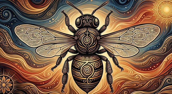 Intricate symmetrical illustration of a honeybee with tribal and swirling patterns on its body, set against a vibrant abstract background of flowing orange and blue lines