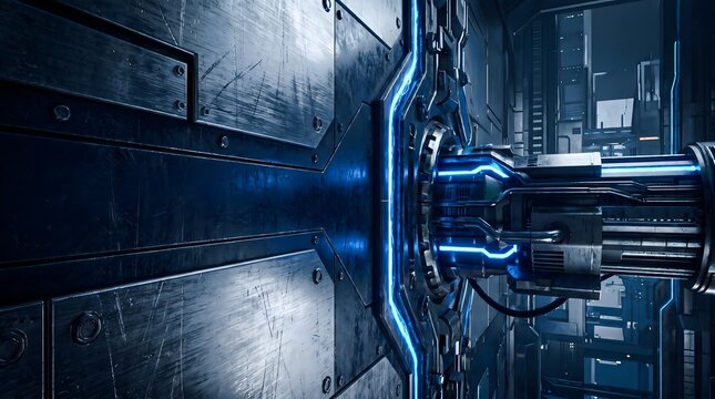 Blue energy streams through metallic conduits and data connections, illuminating a high-tech wall, symbolizing powerful technological operations and complex system activity