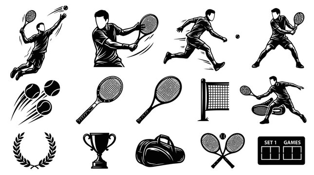 Tennis Sport Elements and Icons Set. Monochrome Vector Illustrations of Players, Rackets, Balls, Net, and Trophy in Black and White Line Art Style.