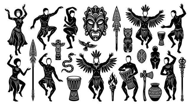 African Tribal Dancers, Masks, Drums, and Symbols - Black and White Vector Art