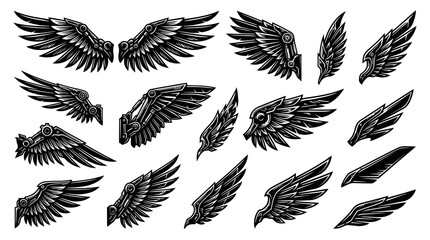 Fototapeta premium Set of Black and White Mechanical Wings and Feathers in Vector Art Style