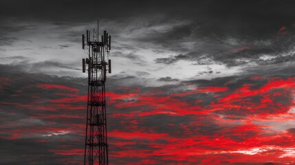 Fototapeta premium Silhouette of a communication tower against a vibrant red sunset sky