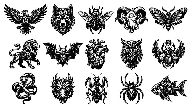 Black  White Vector Art of Steampunk Animals and Insects - Tattoo Style
