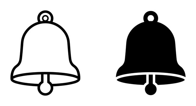 2 Bell icon set featuring clapper and ringer, outline and solid silhouette, for notification alerts