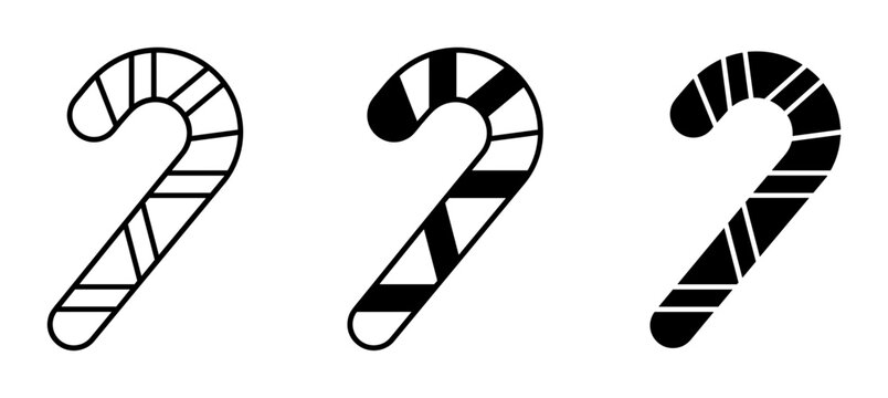 3 Candy Cane icon set featuring striped peppermint sweets, outline and silhouette, for Christmas decor