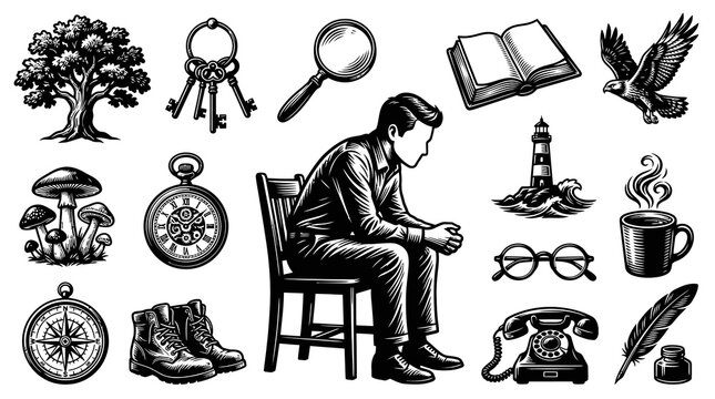 Black and White Line Art: Vintage Detective Tools, Man Sitting, Lighthouse, Coffee, Book, Eagle, Compass, Boots, Keys, Mushrooms, Magnifying Glass, Telephone