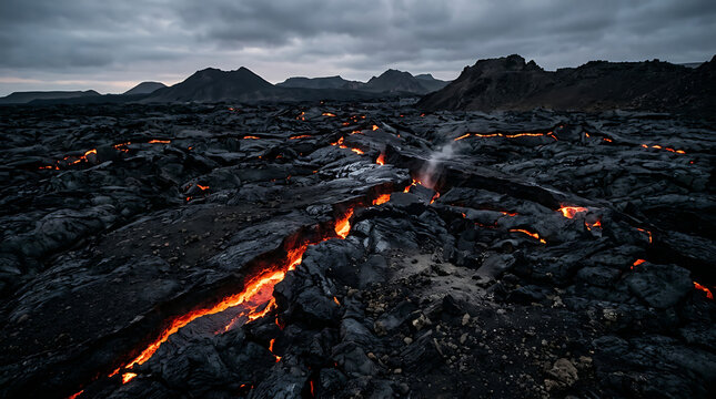 Volcanic landscape with flowing lava and dramatic cloudy sky