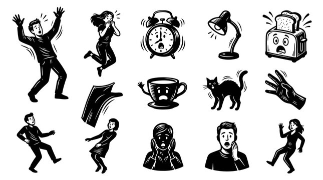 Black and White Line Art Icons of Scared People, Objects, and Animals