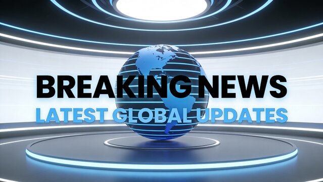 Breaking news globe spinning on a futuristic circular platform with blue lights