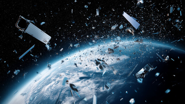 Space debris floating above Earth orbit, orbital pollution, satellite fragments, space junk collision risk, aerospace safety, damaged spacecraft parts and environmental danger in o