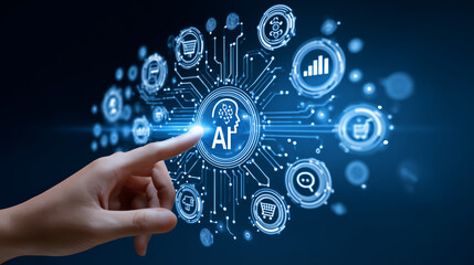 Obraz premium AI Digital Interface with Human Touch and Data Network Visualization