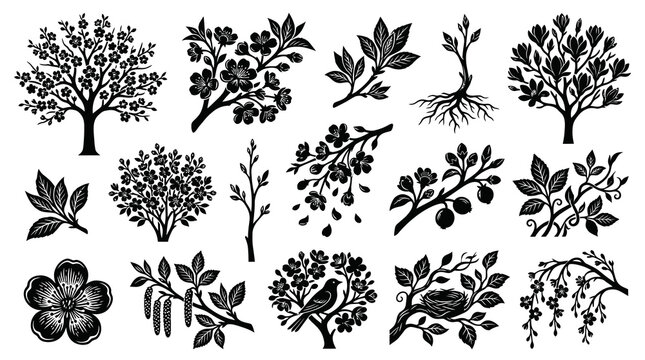 Nature Black  White Glyph Botanical Elements Set: Trees, Branches, Flowers, Leaves, Roots, Nests Silhouettes
