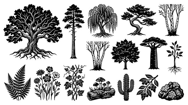 Diverse Botanical Elements Black and White Engraved Illustration Set - Nature Trees, Plants, Flowers  Fungi Collection