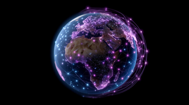 Futuristic glowing Earth network sphere, digital planet with data spikes and orbit lines, global connectivity, cyber technology, purple neon world map on black background futuristi