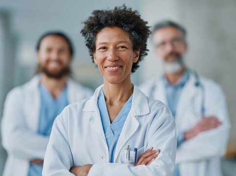 Diverse medical team of three doctors smiling confidently in a hospital setting