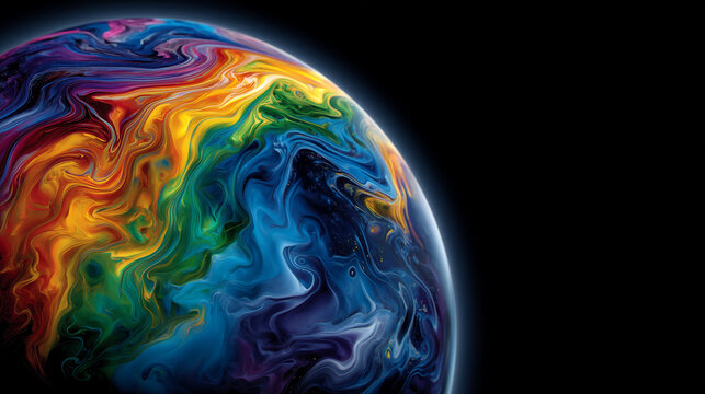 Abstract colorful planet surface on black background, vibrant liquid marble sphere, psychedelic cosmic texture, iridescent pattern, modern surreal space art abstract planet, colorf
