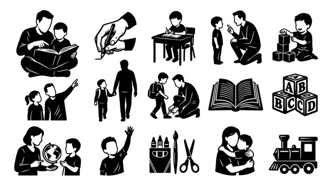 Education and Childhood Black and White Glyph Icons Set. Parenting, School, and Learning Activities