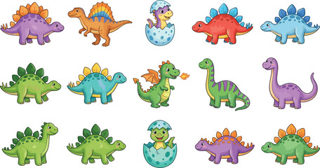 cute dinosaur cartoon set, colorful prehistoric animals and baby dino characters vector illustration collection design © MdSayed