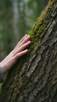 Close up woman hand gently touching stroking mossy, textured bark of tree in forest, connecting with natural environment, finding tranquility during hike. Caring for planet earth or nature. Vertical