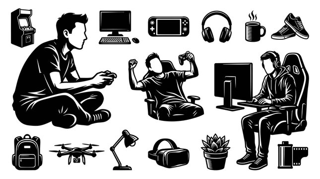 Black  White Vector Icons of Gaming  Technology for Microstock
