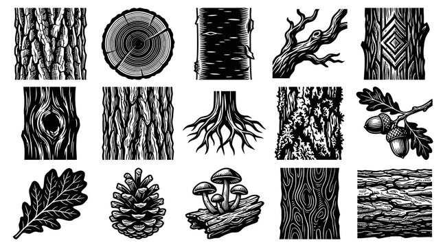 Black and White Vector Illustrations of Tree Bark Textures, Wood Grain, and Forest Elements