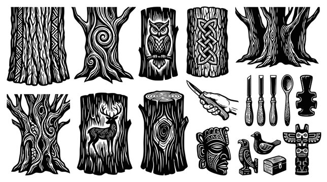 Wood Carving Engraving Set: Vintage Black  White Illustrations of Trees, Hand Tools, Tribal Masks, Totem Poles, and Nature Crafts.