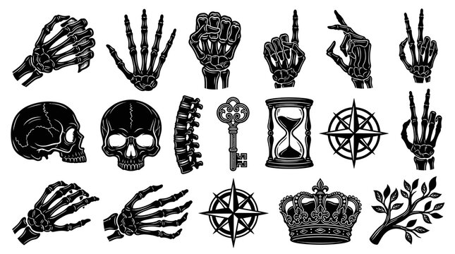 Vintage Gothic Symbolic Elements Set: Skulls, Skeleton Hands, Crown, Key, Compass  Hourglass Engraving Art