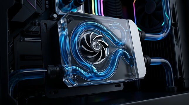 Custom PC water cooling system with glowing blue liquid circulating through clear tubes and a pump block, showcasing advanced computer hardware.