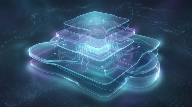 Abstract visualization of layered digital data processing and interconnected cloud computing infrastructure concept, representing futuristic technology and network architecture