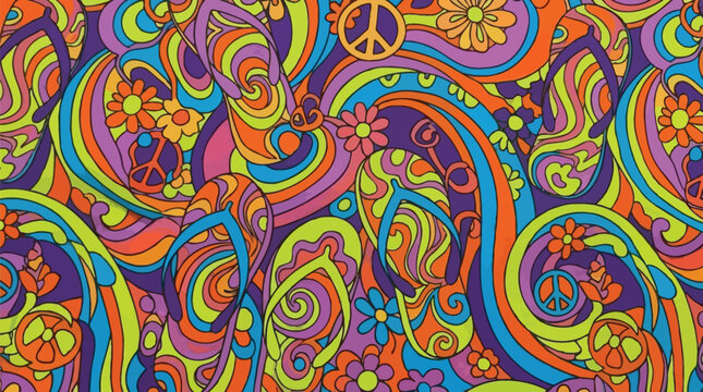 Flip-flops pattern displays a vibrant psychedelic aesthetic with colorful swirling waves and peace sign symbols.
