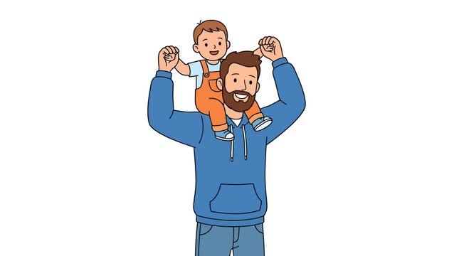 A man in a blue hoodie carrying a happy child on his shoulders