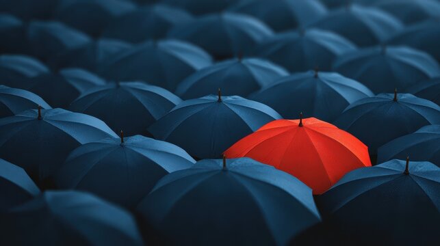 Red umbrella standing out in a crowd of blue umbrellas