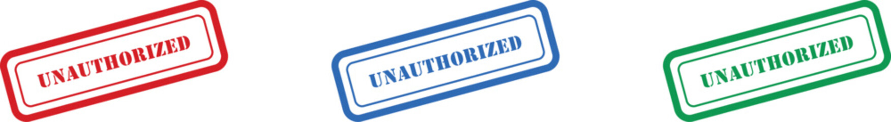 Three prominent rubber stamp icons clearly display the word UNAUTHORIZED in striking red, blue, and green colors © designboundary