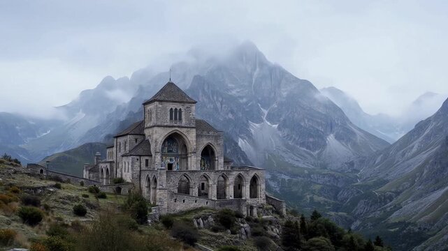 Cinematic Aerial Establishing Shot Monastery Mountain Landscape Fog for Commercial Use