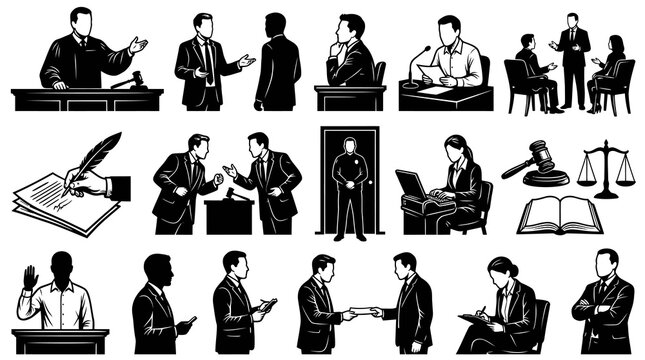 Law and Justice Black and White Line Art Vector Icons Set: Lawyers, Judges, Court, Legal Symbols