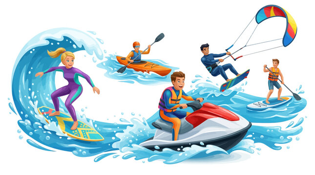 People surfing and riding water sports equipment in the ocean waves