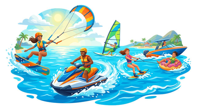 People enjoying water sports on a sunny day at the beach with palm trees