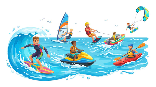 People enjoying various water sports on ocean waves with colorful equipment