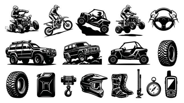Monochrome Off-road Adventure and Motorsports Icon Set - Vehicles, Equipment, and Gear Black  White Graphic.